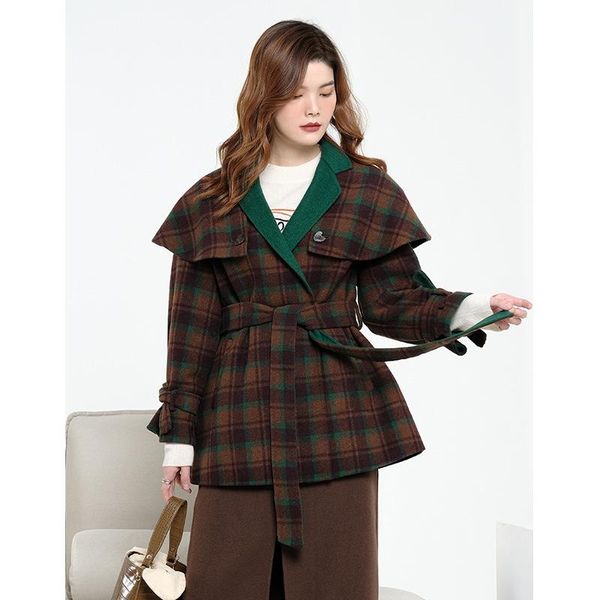 

women's wool & blends [rongtai] double faced woolen overcoat autumn winter 2021 removable navy collar plaid top, Black
