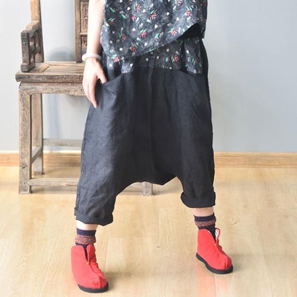 

women's pants & capris fairynatural summer loose cross trouser elastic waist patchwork 2021 retro ramie calf length large size, Black;white
