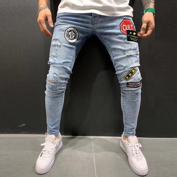 

solid denim straight hole born troubled casual long broek ripped jeans for men vaqueros hombre, Blue
