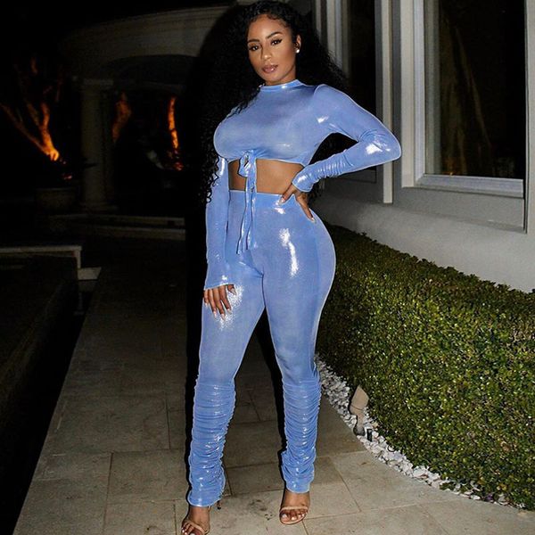 

shiny pink two piece set long sleeve crop and stacked pants club outfits for women matching sets d85-di32, White