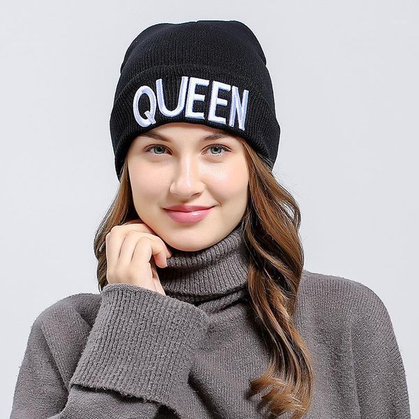 

winter king queen beanies hats for ladies men women autumn warm letter embroidery knitted skullies hat hip hop ski sport caps1