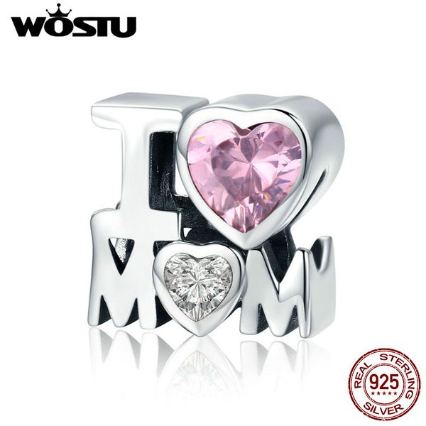 WOSTU 925 Sterling Silber I LOVE MOM Rosa CZ Perlen passen Original Charm Armband Halskette Schmuck Muttertagsgeschenk Q0531