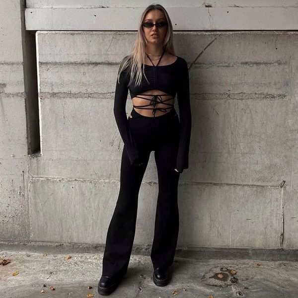 

women's pants & capris autumn and winter style solid color hollow fashion casual flared trousers, traf, Black;white