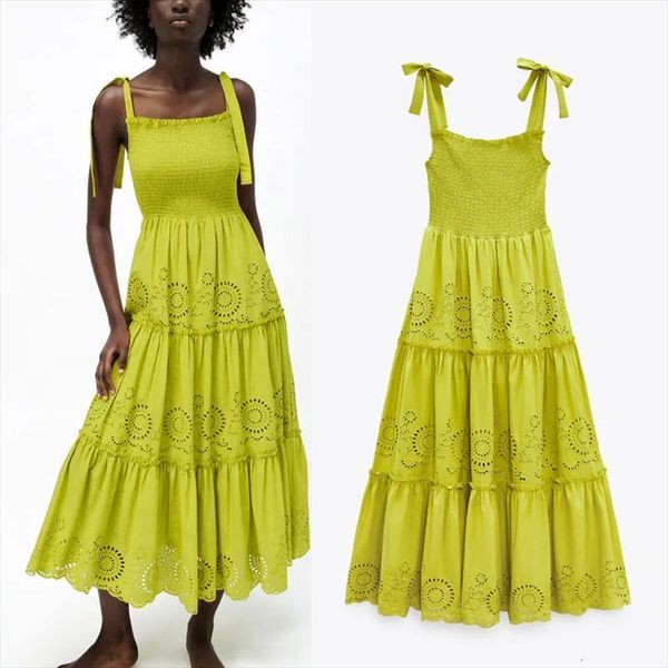 

za white openwork embroidered midi womens dress adjustable bow straps elastic smocked dresses elegant beach sundress, Black;gray