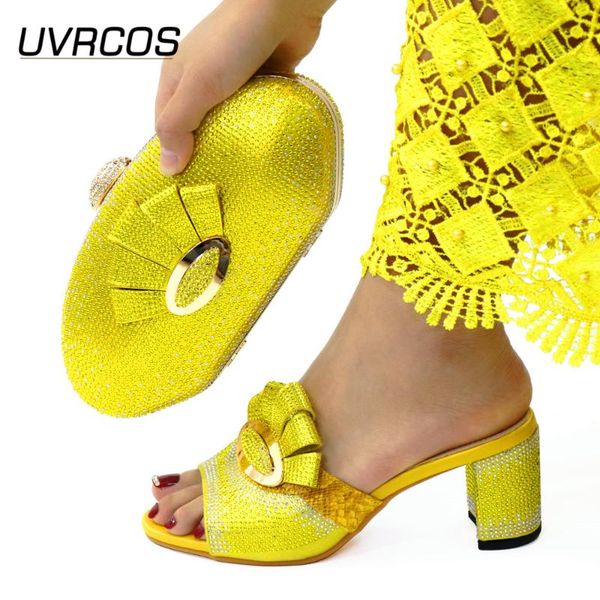 

dress shoes 2021 lastest italian design fashion beautiful decoration style high heels ladies and bag set in yellow color for party, Black