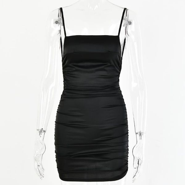 

casual dresses spaghetti strap mini satin dress women backless cross bandage bodycon party pleated stretch short club, Black;gray