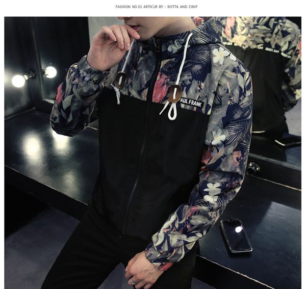 

spring thin windbreaker jackets men flower design coats sports casual jacket slim fit zipper up hooded color patchwork clothes, Black;brown