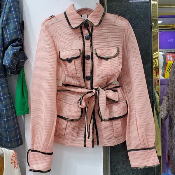 

women's jackets [ewq] 2021 autumn ladies jacket mesh pink lace turn-down collar single breasted fashion simple belt all-match women coa, Black;brown