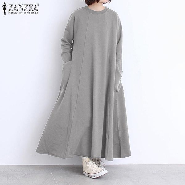 

autumn long sleeve sweatshirt dress zanzea winter women fashion solid maxi long sundress loose pullover vestidos casual robe 5xl, Black;gray