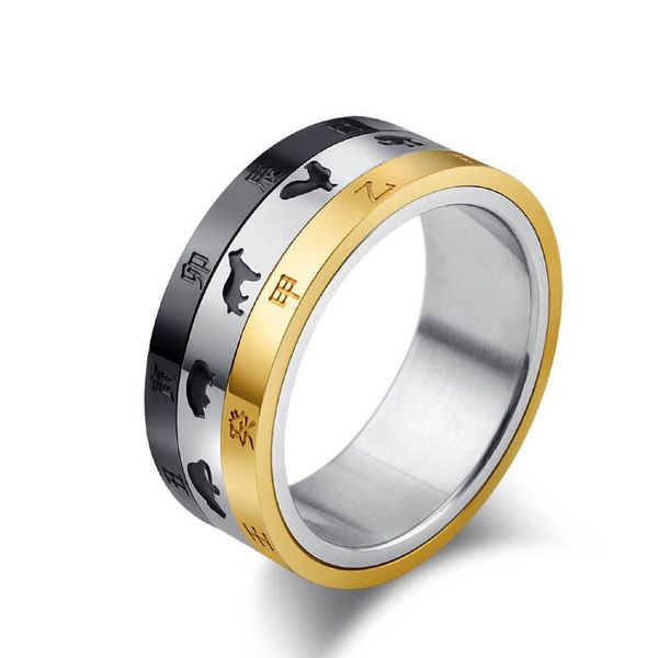 

cluster rings zodiac sign for men boy stainless steel chinese style lucky ring finger charm punk male jewelry us size 7-12, Golden;silver