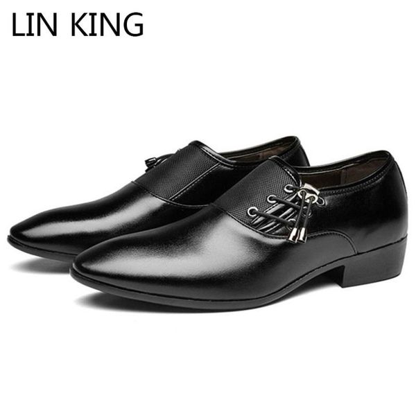 

dress shoes lin king big size 48 men pu leather formal lace-up business oxford pointed toe man wedding party, Black