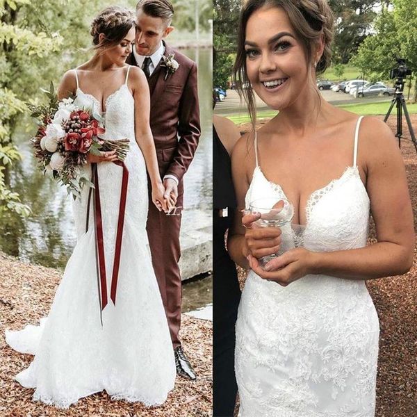 

summer ivory lace mermaid wedding dresses 2021 spaghetti straps long beach garden bridal gowns v-neck backless vestidos de novia, White