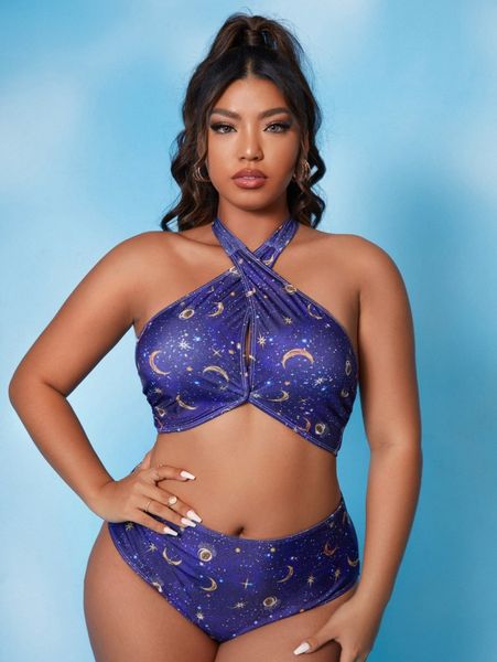 

plus galaxy print cross halter bikini swimsuit r7hw#, Black