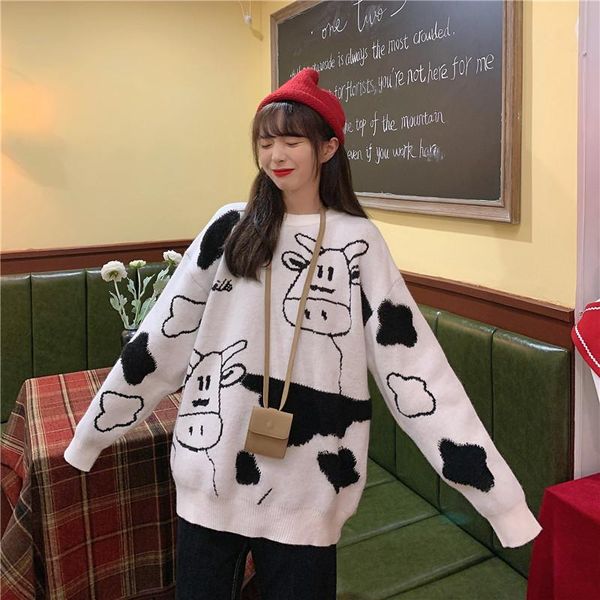 

women's sweaters vintage casual loose lazy cow sweater women korean harajuku female japanese kawaii cute ulzzang clothing knitted, White;black