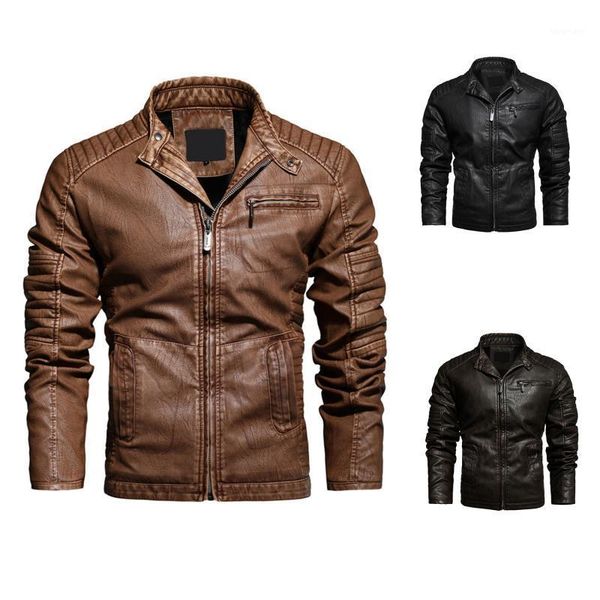 

men's jackets autumn mens jacket solid color faux pu leather casual embroidery coat zipper fleece winter men, Black;brown