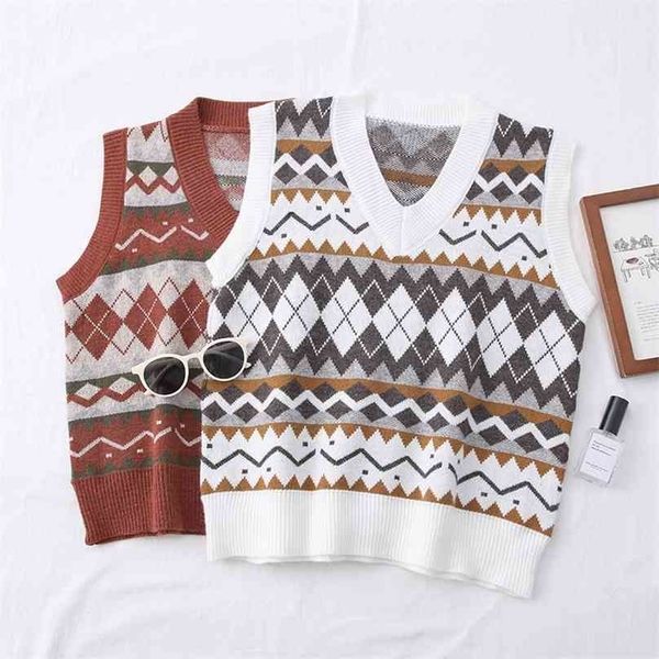 

spring autumn diamond plaid sweater women v neck sleeveless vest knitted female korean vintage sweaters 210525, White;black