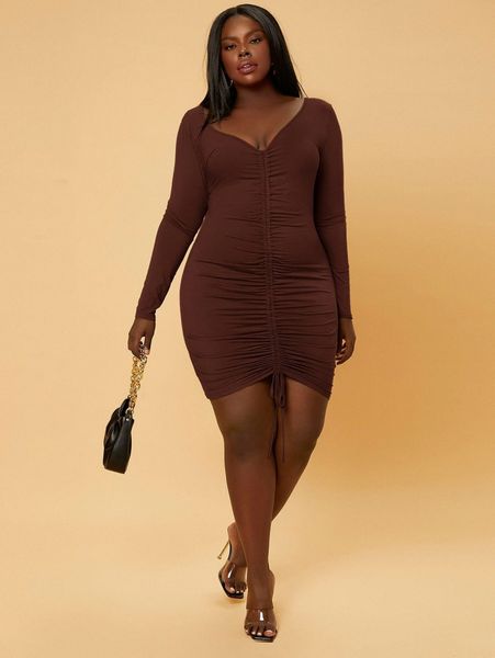 

sxy plus drawstring ruched bodycon dress l8sm#, Black