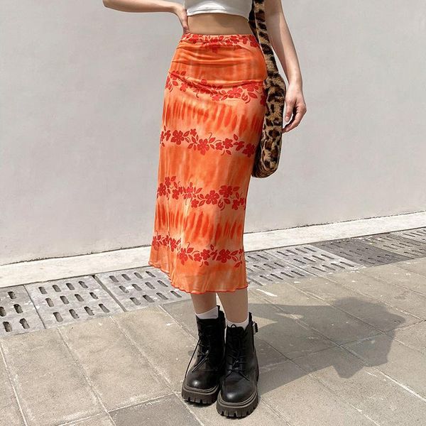 

skirts mmiot blue orange floral long y2k summer frill sweet cute mid-calf women beach style fashion bottom, Black