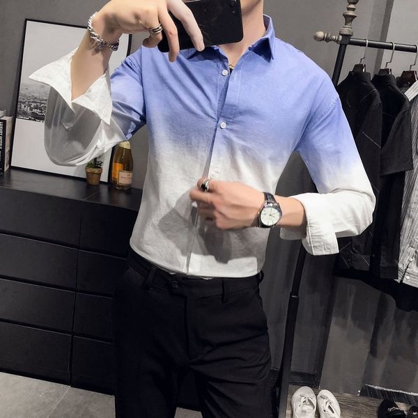 

new simple gradient long color dress male shirt 2021 fine casual fit business office blouse blue/green 3xl-m yl0t, White;black