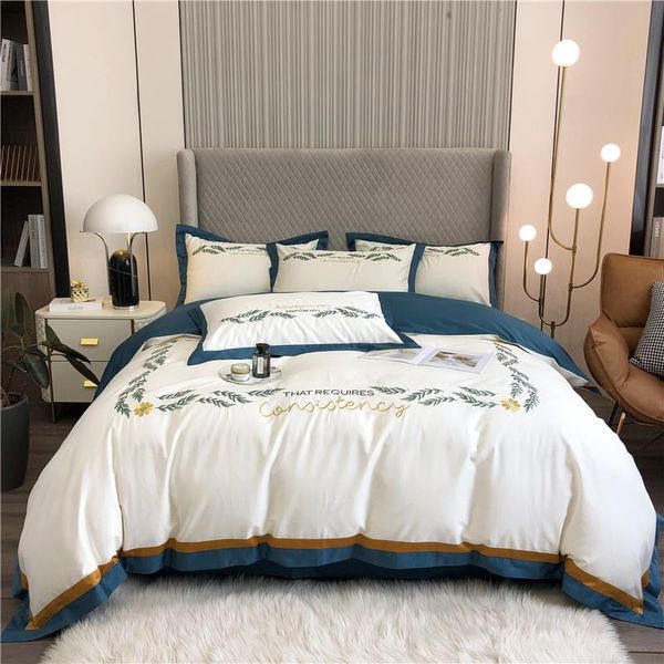 

bedding sets white/blue patchwork egyptian cotton leaves embroidery set soft silky duvet cover bed linen fitted sheet pillowcase 4pcs