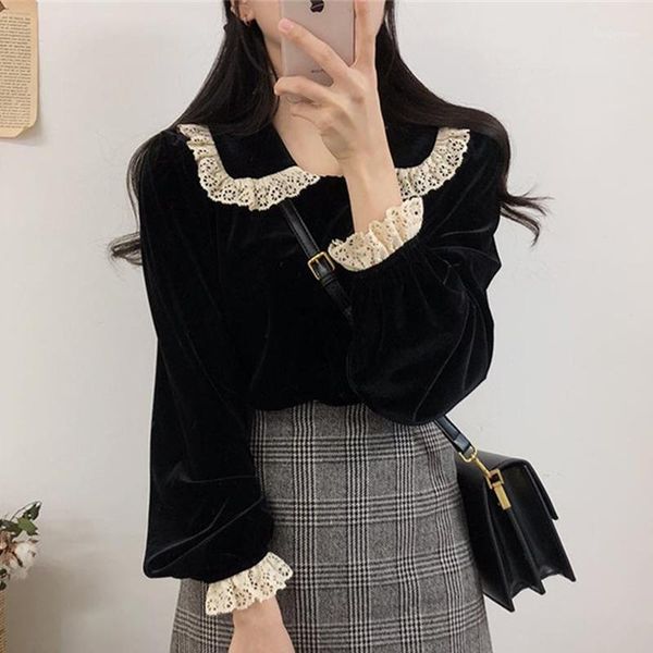 

alien kitty black velvet high-ranking lace 2021 fashion office lady plus size full-sleeved blouses women's & shirts, White