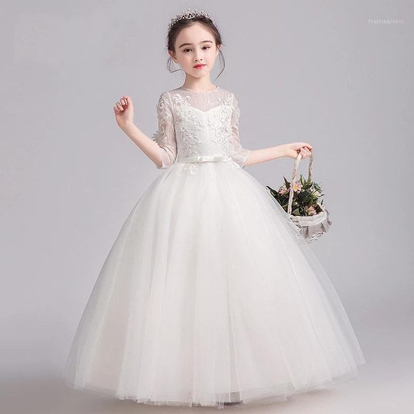 

girl's dresses flower girl for weddings o neck 3/4 sleeves kids party communion gowns appliques sequined flowers princess dress1, Red;yellow