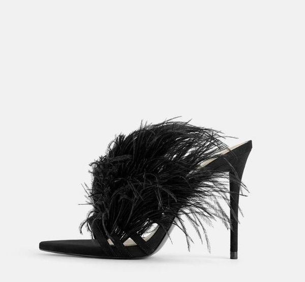 

hair tassel thin high heel 2021 slippers female summer, Black