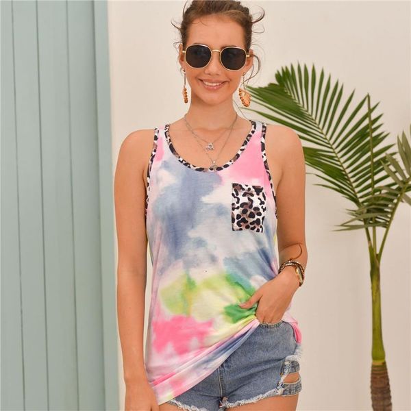 

tie dye tank multicolor sleeveless tees women pocket summer leopard print tanks lady vest fashion tee shirt, White