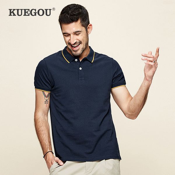 

kuegou 2021 summer 100% cotton patchwork polo shirt men fashion short sleeve slim fit poloshirt male brand plus size clothes 393 210308, White;black