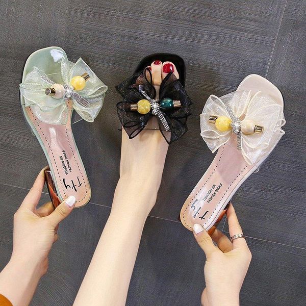 

slippers 2021 fashion ladies bow knot summer string bead transparent women shoes woman mules mid heels slides, Black