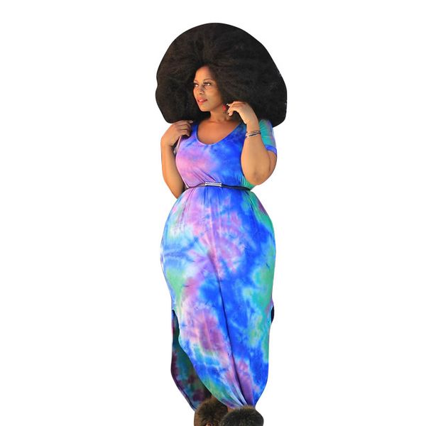 

dressed in women's summer beach neck short sleeve long fashion casual tie dye split loose 4xl 5xl plus size party dress bue6, Black;gray