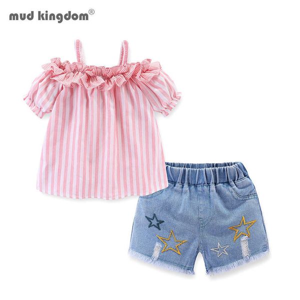 Mudkingdom Girls Outfits rrustle воротник полосатые топы джинсовые шорты для девочек одежда ремешок рубашка джинс костюм малыш 210615