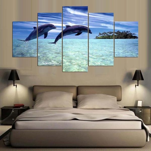 

5 pieces hd canvas painting print animal dolphin modular picture for modern decorative bedroom living room home wall art decor