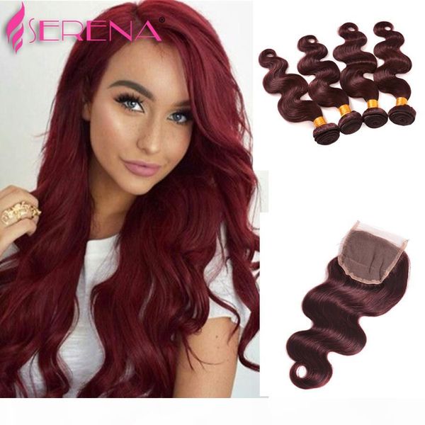 

body wave burgundy virgin hair crochet braid indian human virgin hair straight red wine 99j straight indian hair 4 bundles with closure, Black;brown