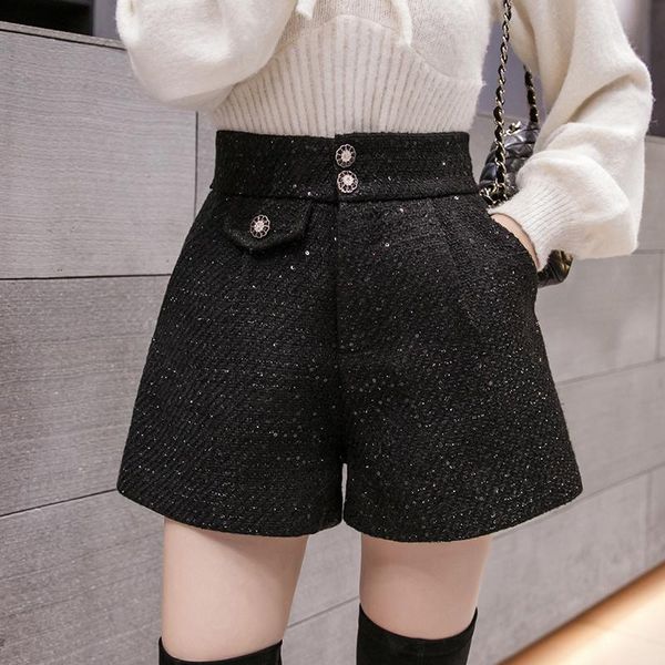 

women's shorts 2021 autumn winter women trend sequined casual high waist wide leg office lady tweed quality short pant, White;black