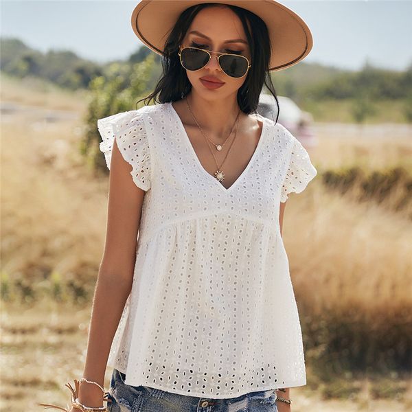 

2021 new sweet hollow out women casual spring summer flying sleeve blouse ladies loose v neck pullover goo1, White