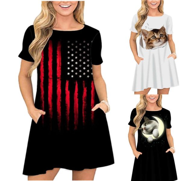 

summer night owl moon mid long short sleeve dress, Black;gray