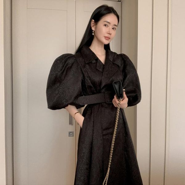 

casual dresses elegant women big lantern sleeve notched collar dress black retro count long ladies runway party autumn winter clothing, Black;gray