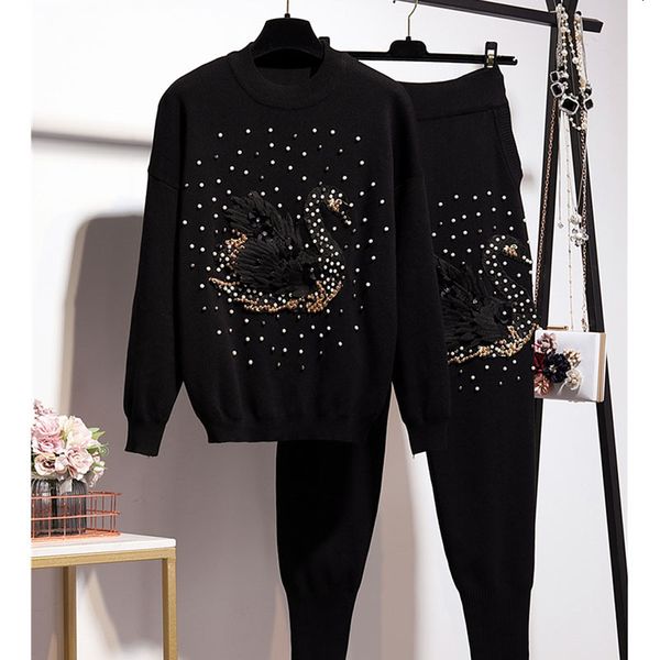 

autumn fashion knitted outfits women handwork beaded sweater pencil pants set female loose black white gray knit suit streetwear 48sy, Blue