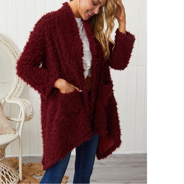 

women's wool & blends winter irregular loose thick warm blend coat women fleece outwear solid color long cardigan abrigo mujer rz*, Black