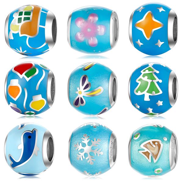 Céu azul esmalte snowflakes charme redondo 925 esterlina prata diy diy beads acessórios caber original mikiwuu pulseiras de jóias fazendo q0531