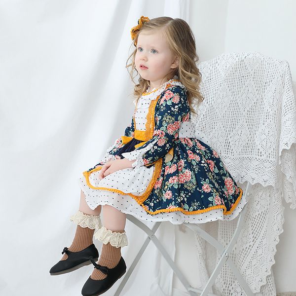 

spring new floral lolita childrens princess dress for girls long sleeve tutu dress pretty casual skirt lace girls clothes 1-7t, Red;yellow