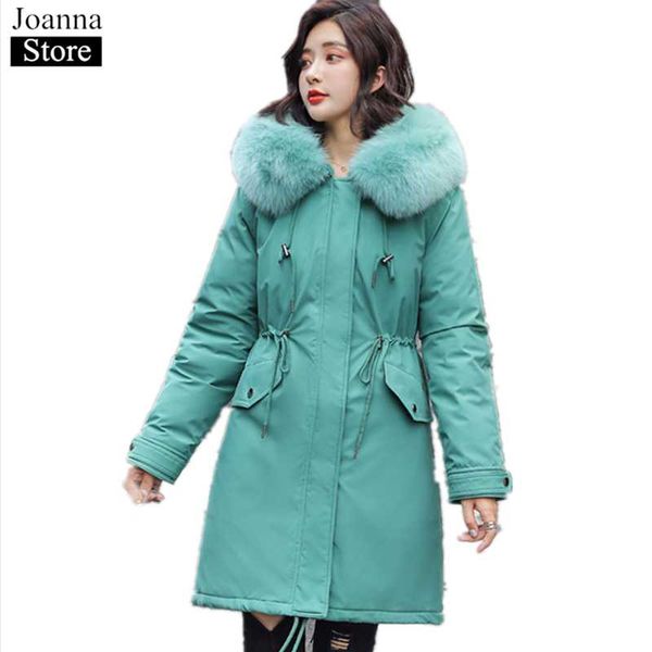 

winter new harajuku hooded thick long jacket faux fur collar parka warm pink slim coat women plus szie solid color ladies jacket, Black