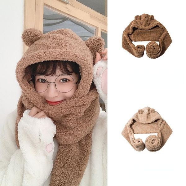 

beanies 2021 fashion winter women novelty caps warm cute bear ear hat casual plush scarf set solid girl