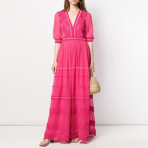 

2021 new v-neck pink lace long for women summer runway designers vintage pleated maxi party es vestidos zs6i, Black;gray