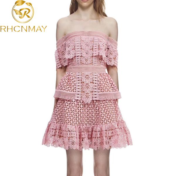 

2021 summer runway self ruffles hollow out pink red layered dresses women off shoulder backless party lace dresses vestidosswimwear bat, Black;gray