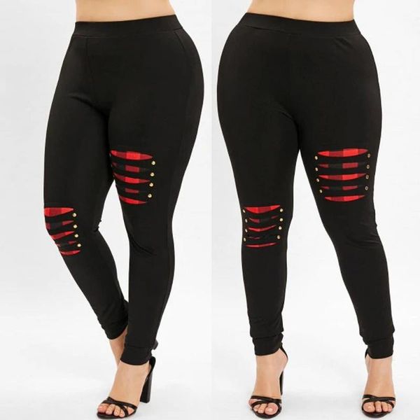 

women's leggings women fashion pants plus size beading ripped plaid panel elastic waist legging casual pantalon femme, Black
