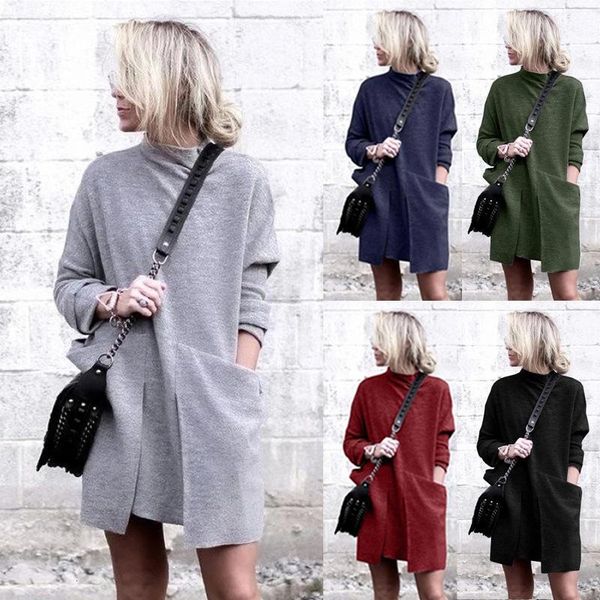 

casual dresses autumn winter dress women solid pockets long sleeve knitted turtleneck sweater vestidos, Black;gray