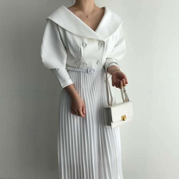 

temperament button double korean big lapel chic row minimalist elegant high waist bubble sleeve pleated dress long skirt hot, Black;gray