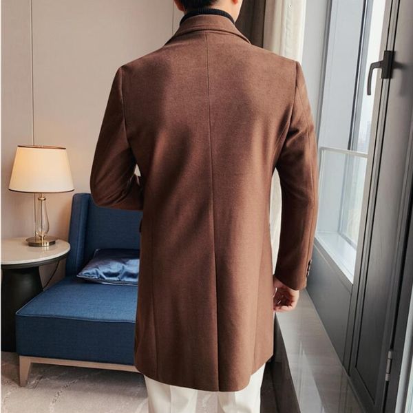 

2021 long men's slim fashion solid color double-breasted men british style woolen coat mens overcoat m-2xl 9kq0, Black